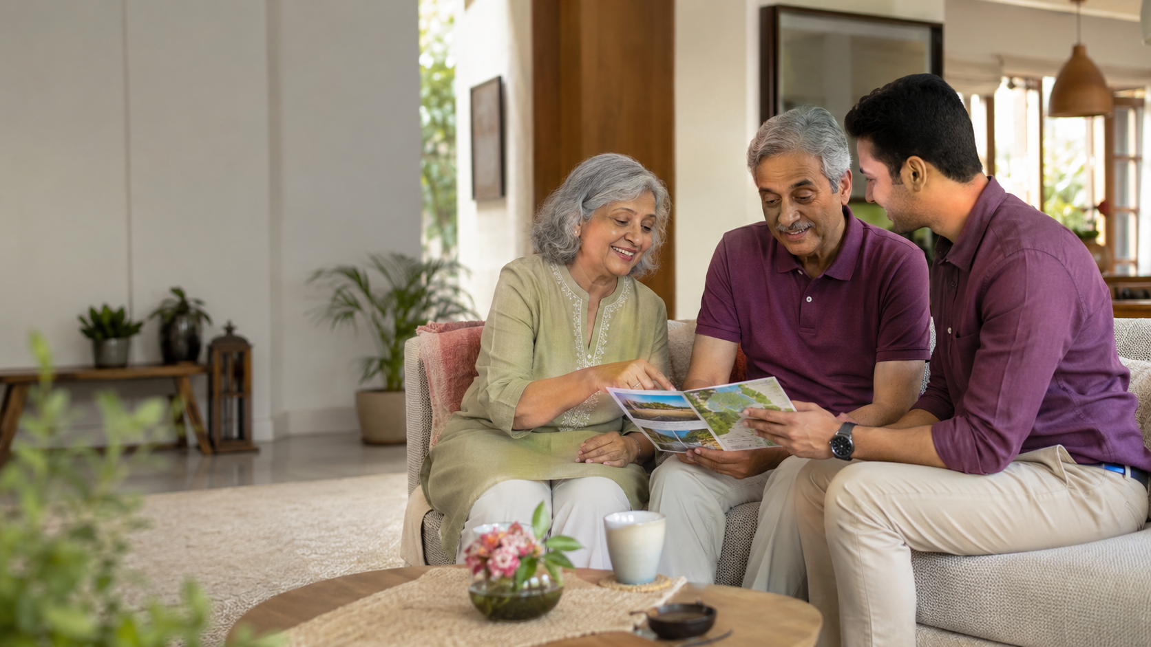 A senior couple planning an outing with their Care Partner at home